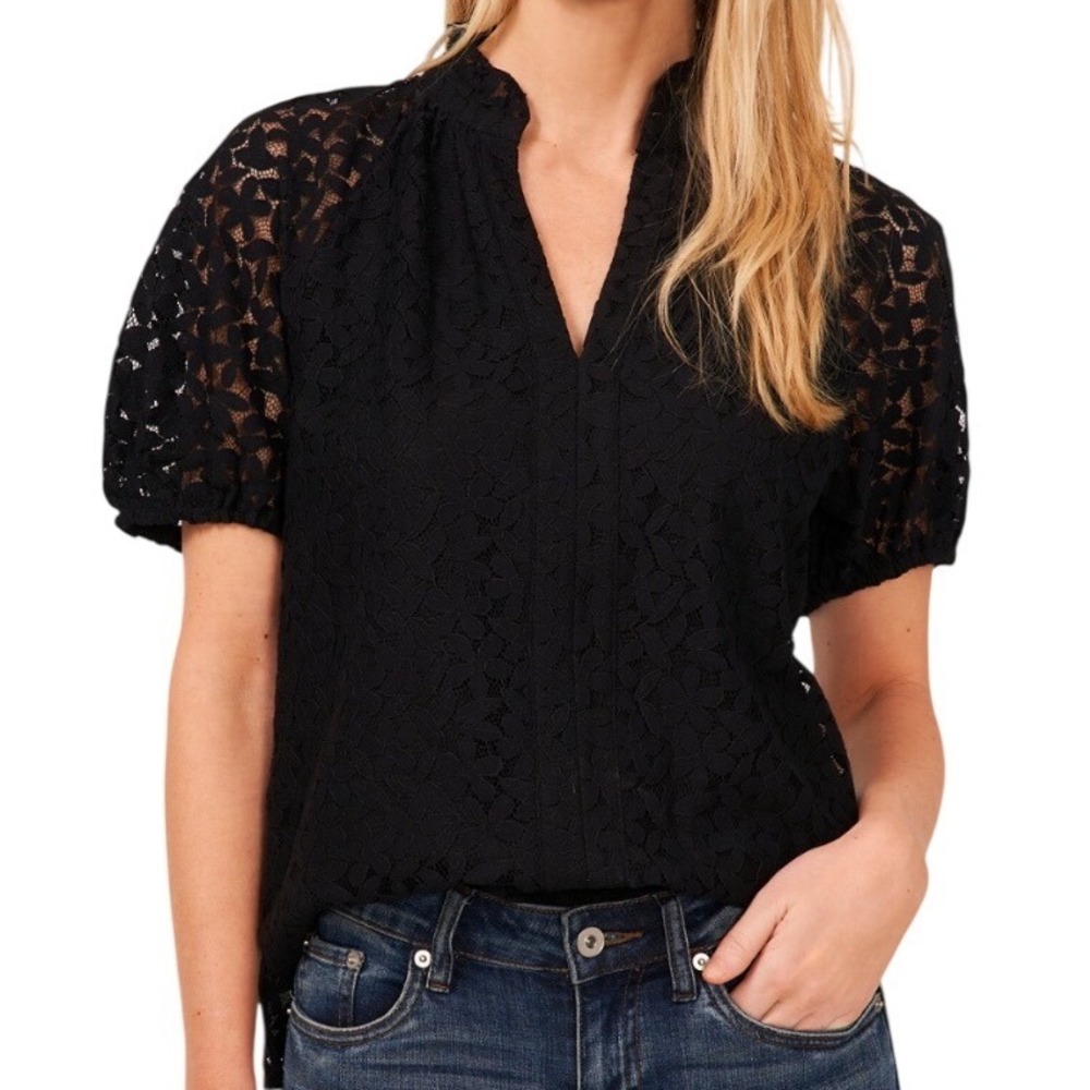 CeCe Women's Floral Lace V-Neck Puff Sleeve Blouse Top Black Size XL Feminine